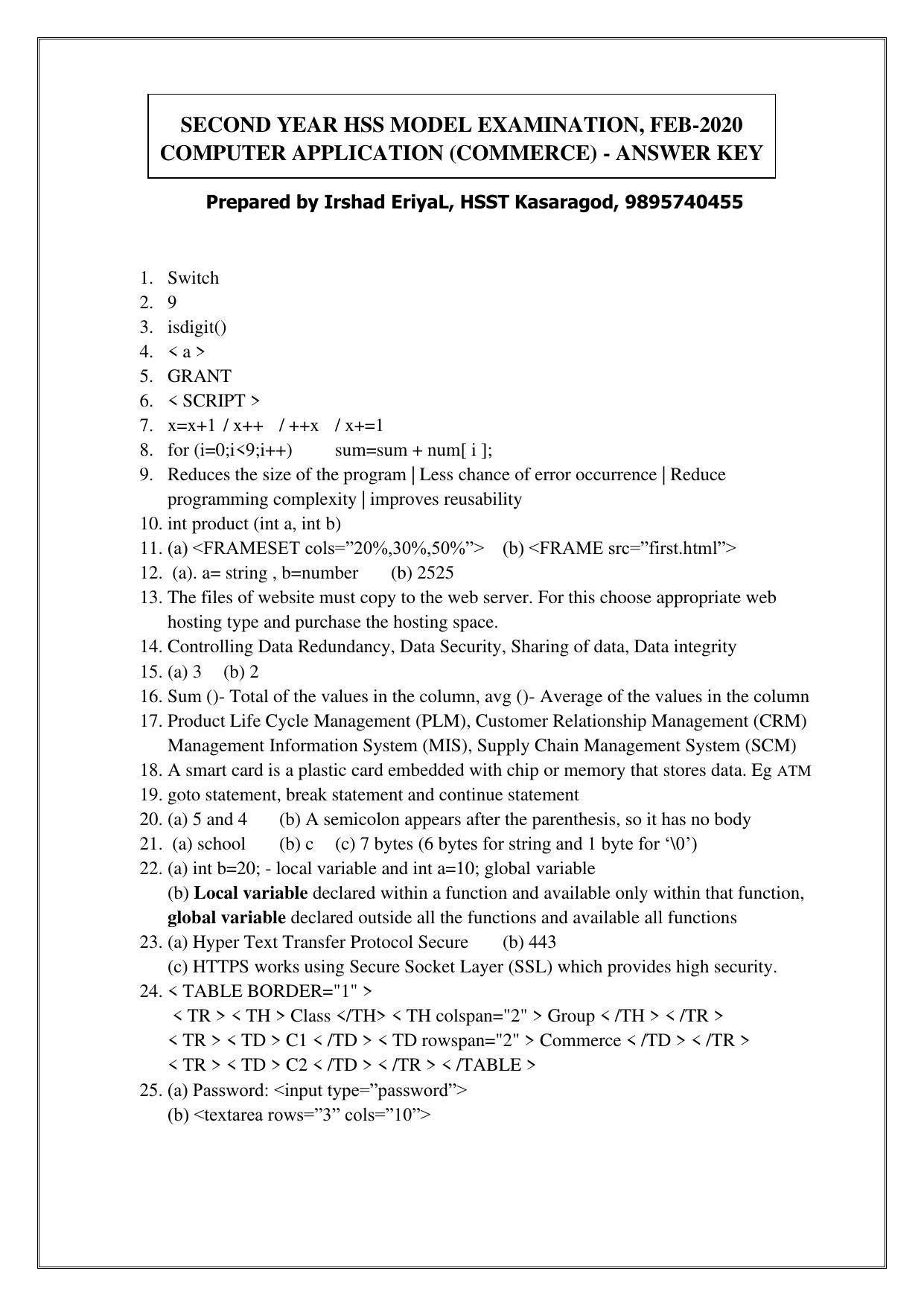 Kerala Plus Two Computer Application Commerce Model Answer Key