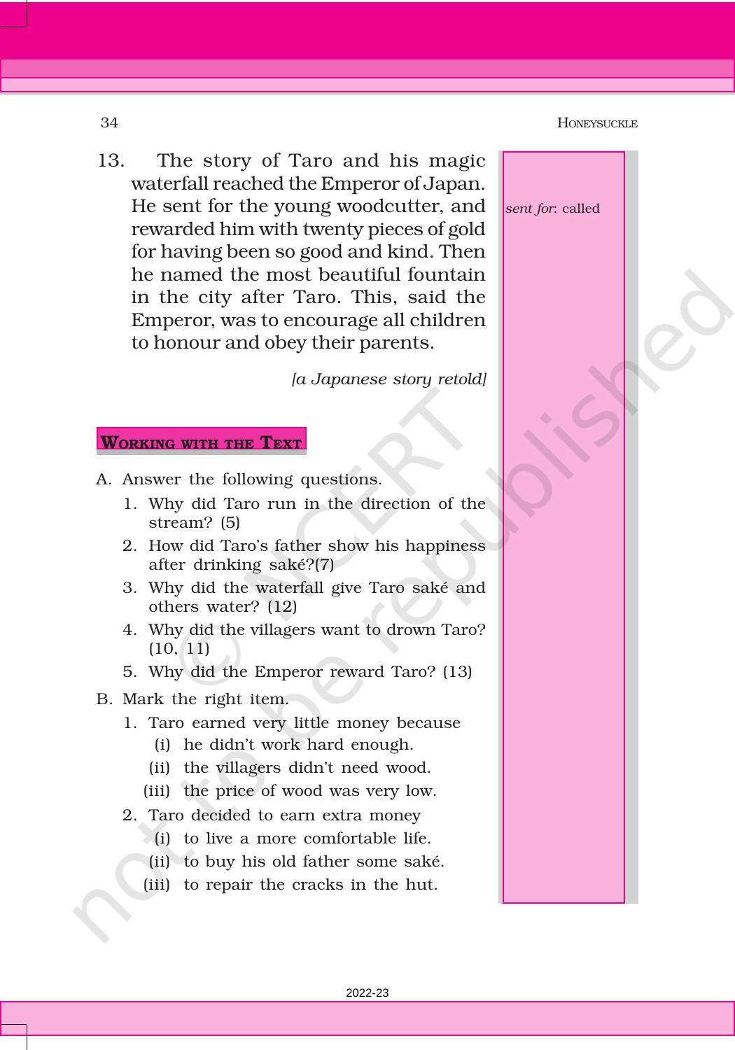 NCERT Book For Class 6 English Honeysuckle Chapter 3 Taros Reward