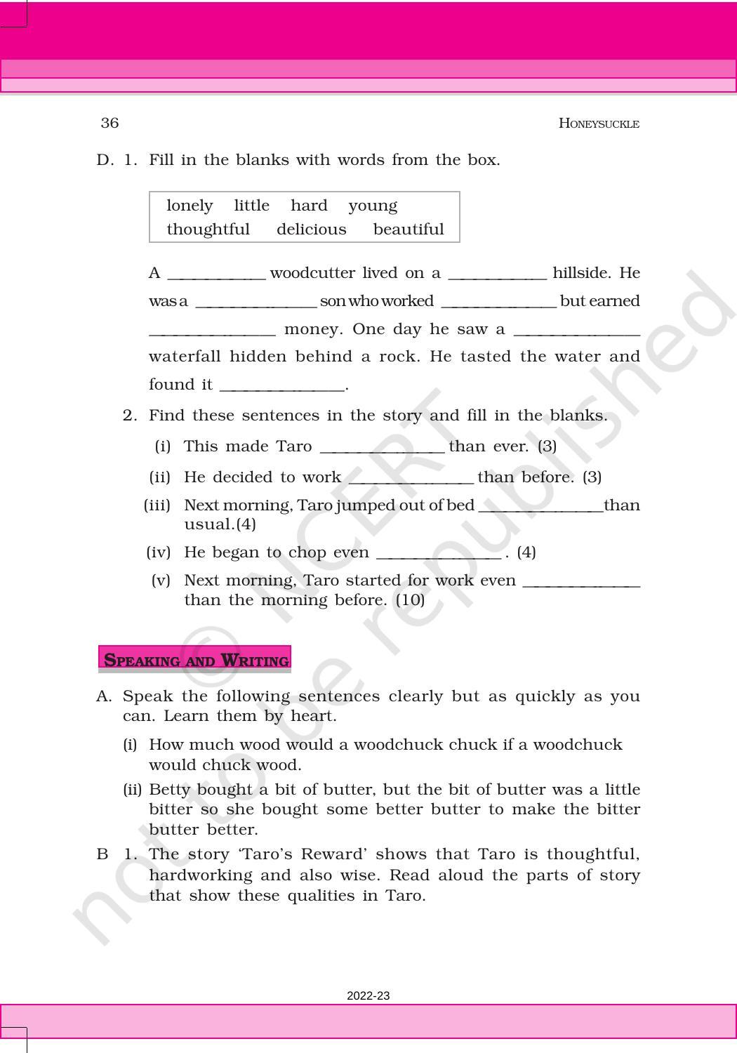 NCERT Book For Class 6 English Honeysuckle Chapter 3 Taros Reward