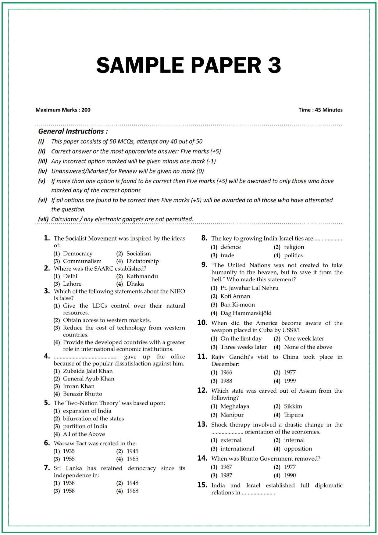 CUET Political Science Sample Paper 3 IndCareer Docs