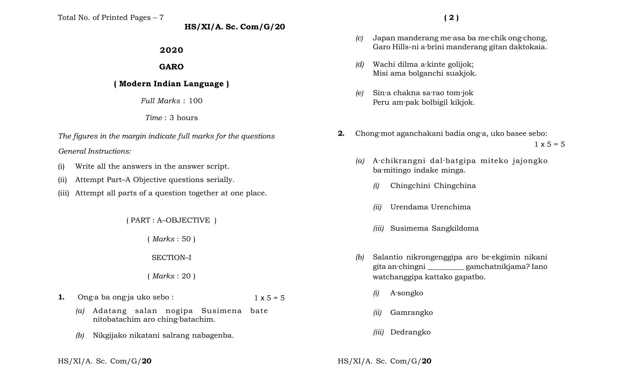 Meghalaya Board Mbose Class Garo Mil Question Paper