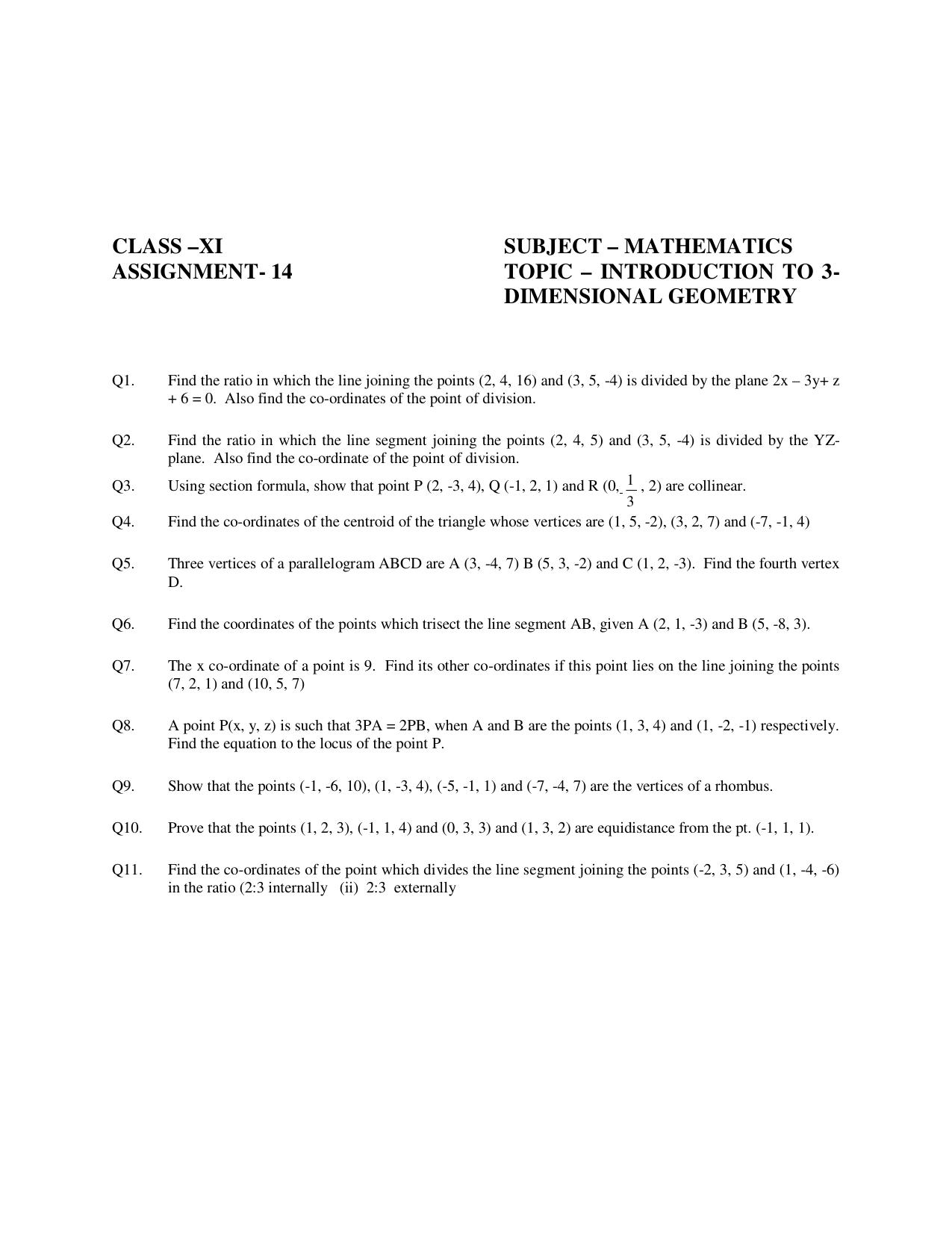 CBSE Worksheets for Class 11 Mathematics Introduction To 3Dimensional Geometry Assignment 2 - Page 1