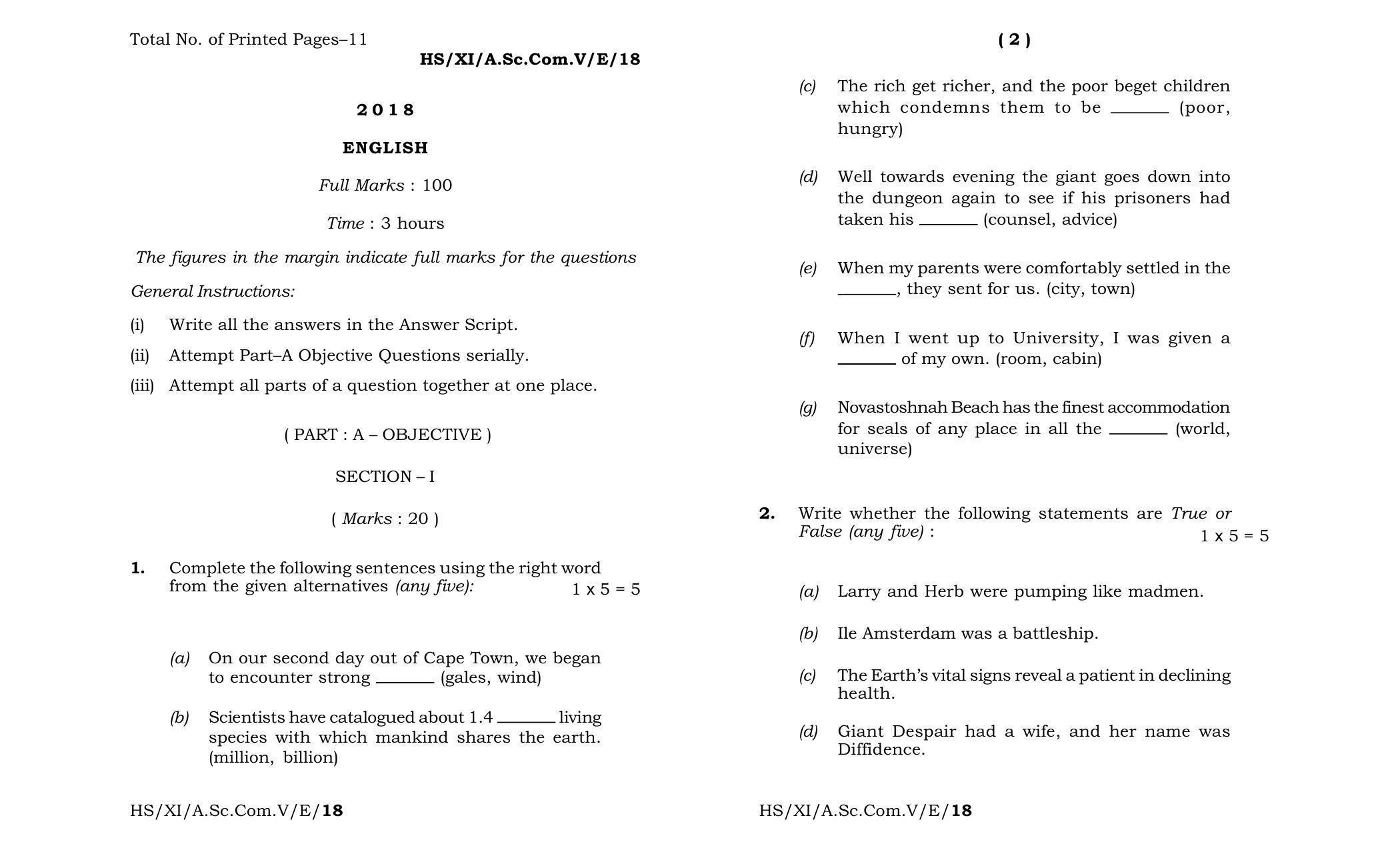 Meghalaya Board Mbose Class 11 English 2018 Question Paper Indcareer Docs 6087