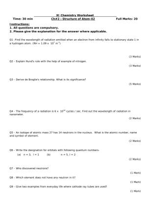 CBSE Worksheets for Class 11 Chemistry Structure of Atom Assignment 2