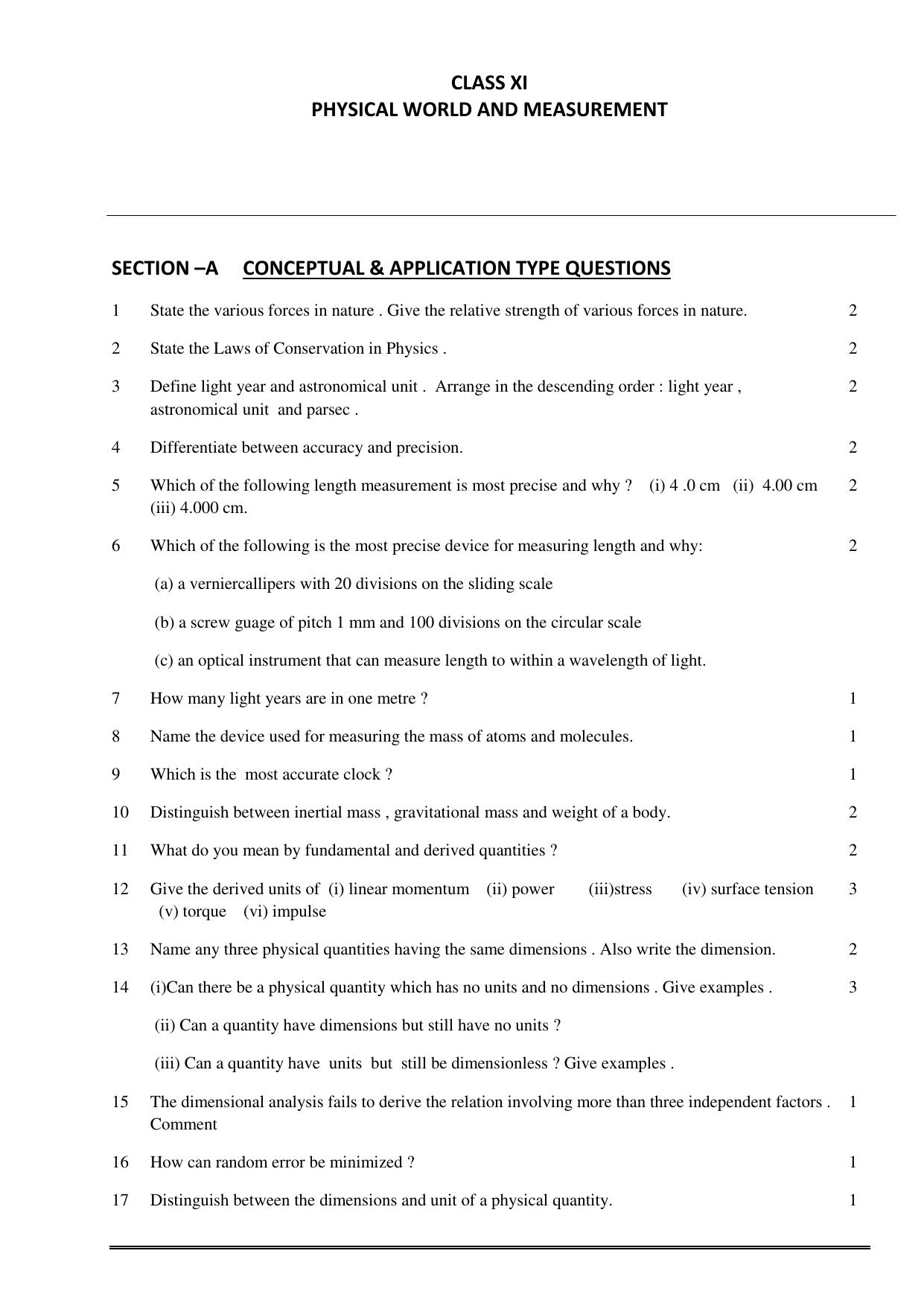 CBSE Worksheets for Class 11 Physics Physical World Assignment 3 - Page 1