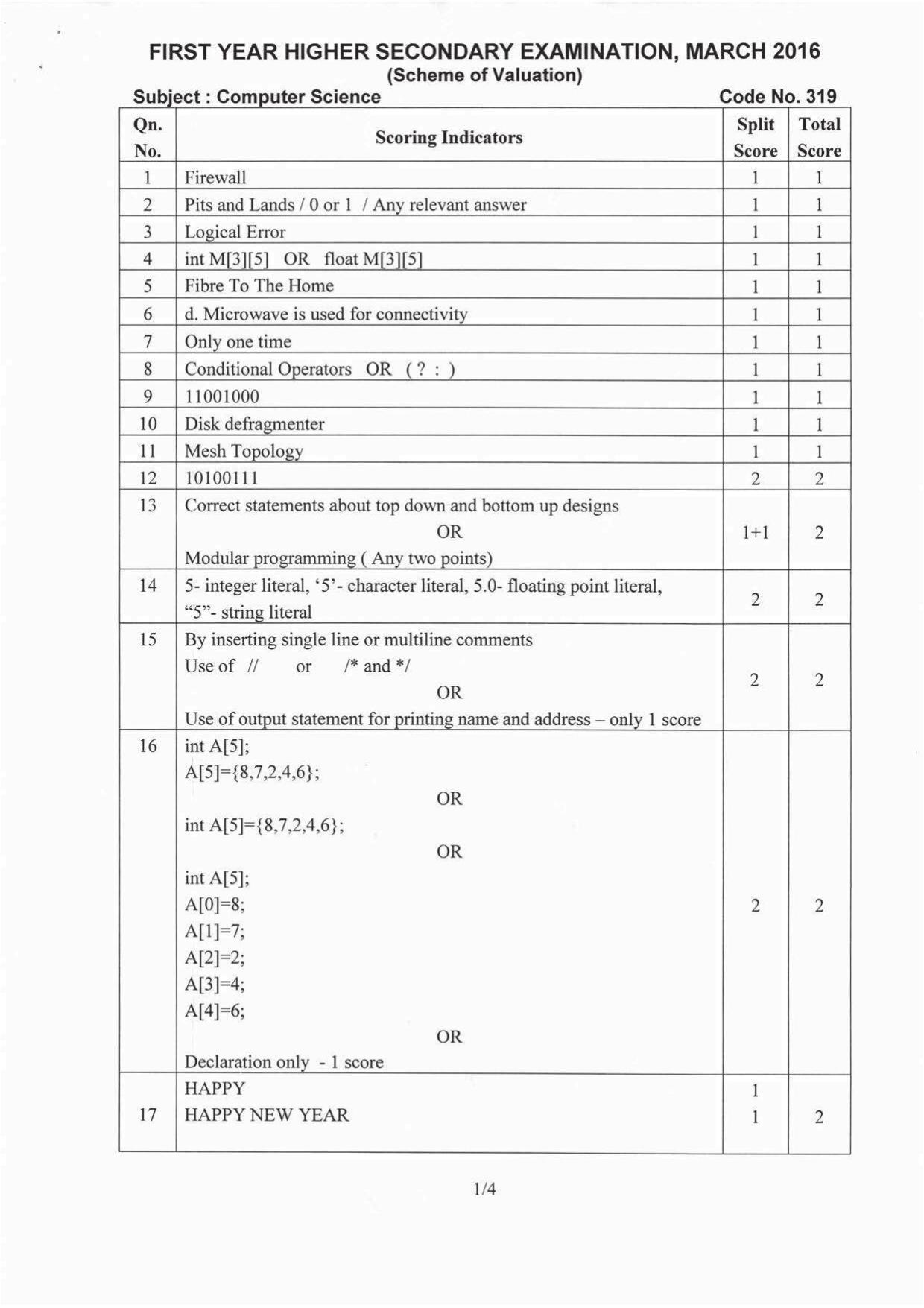Kerala Plus One 2016 Computer Science Answer Key - Page 1