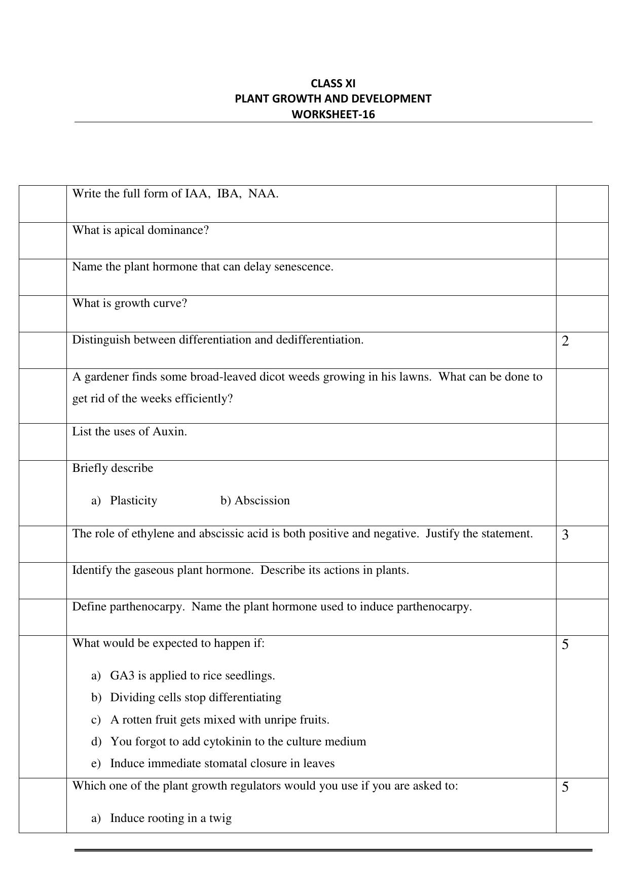 CBSE Worksheets for Class 11 Biology Plant Growth and Development Assignment - Page 1