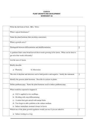 CBSE Worksheets for Class 11 Biology Plant Growth and Development Assignment