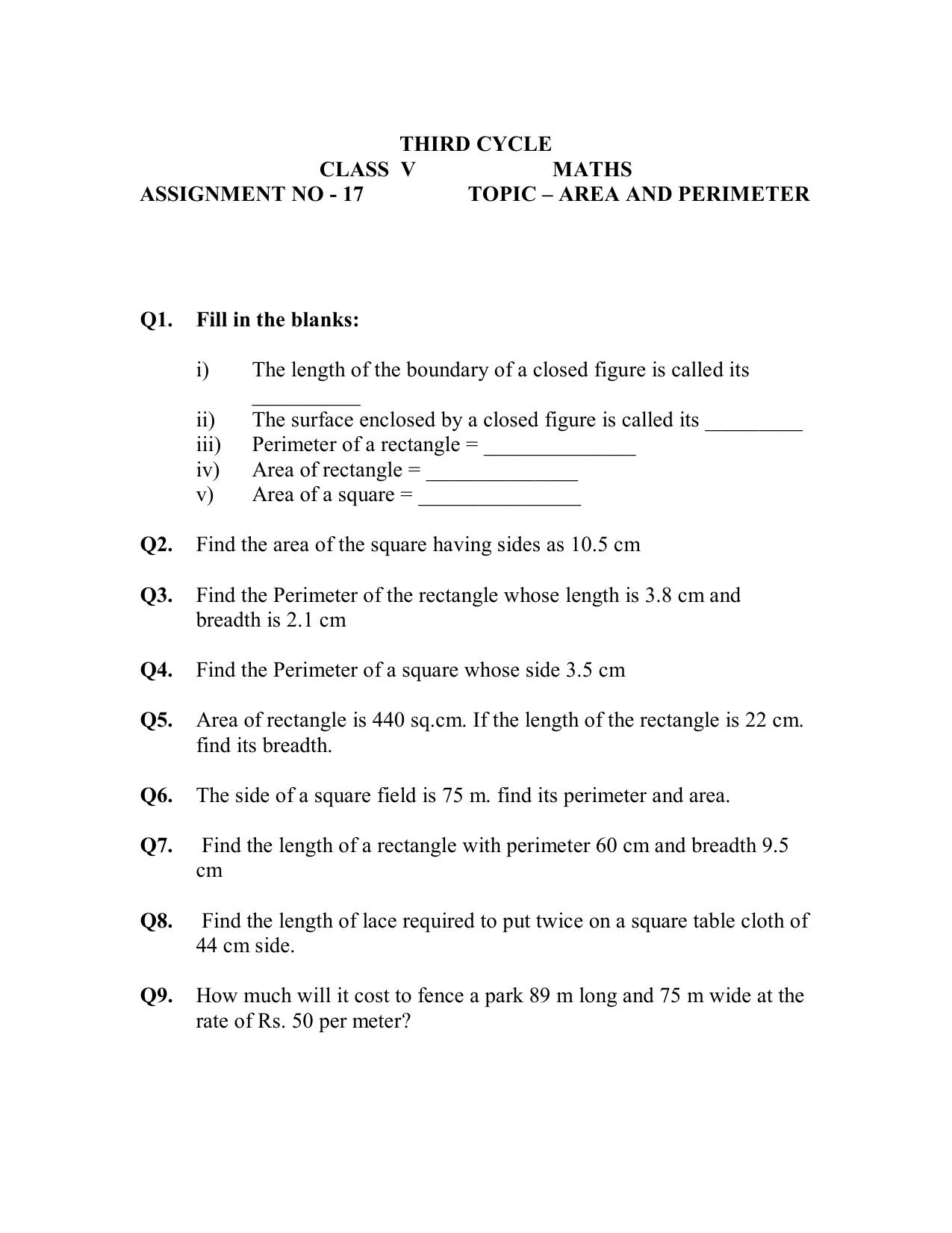 Worksheet for Class 5 Maths Assignment 20 - Page 1