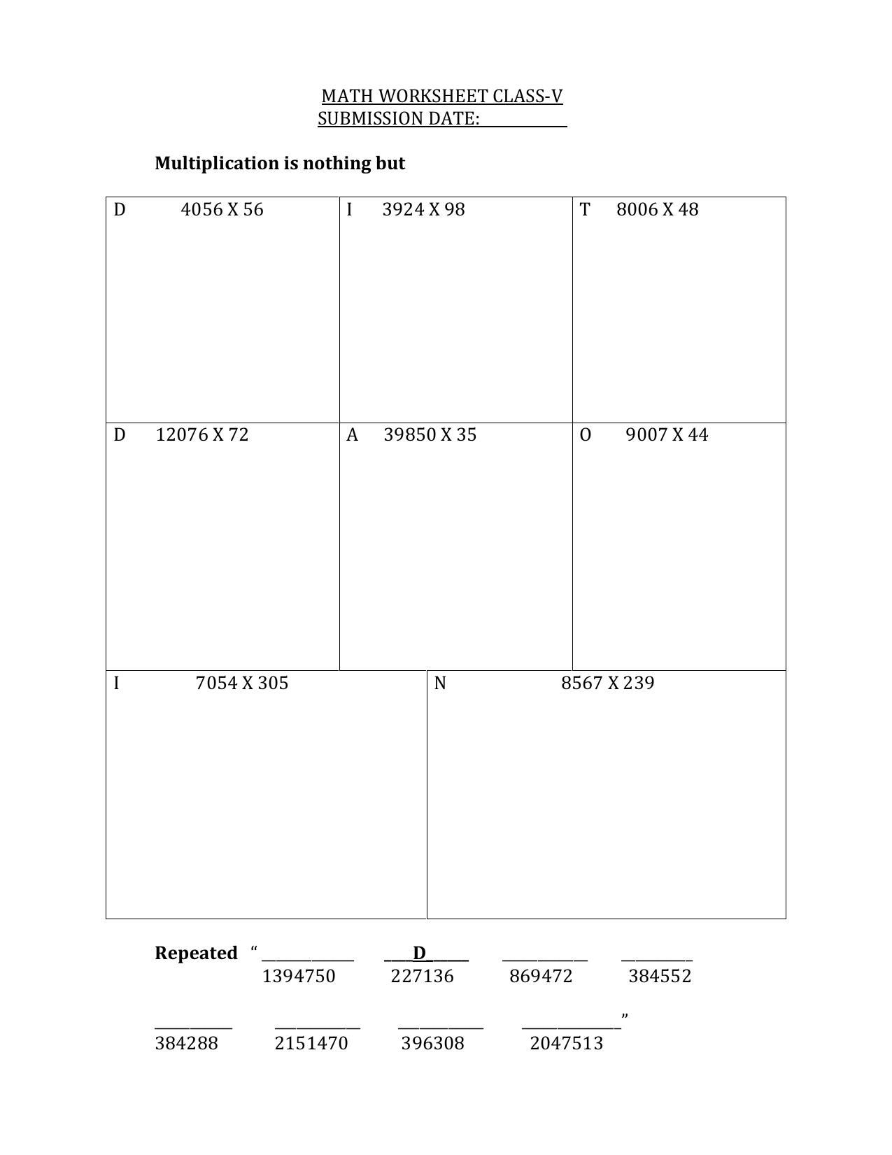 Worksheet for Class 5 Maths Multiplication Assignment 1 - Page 1