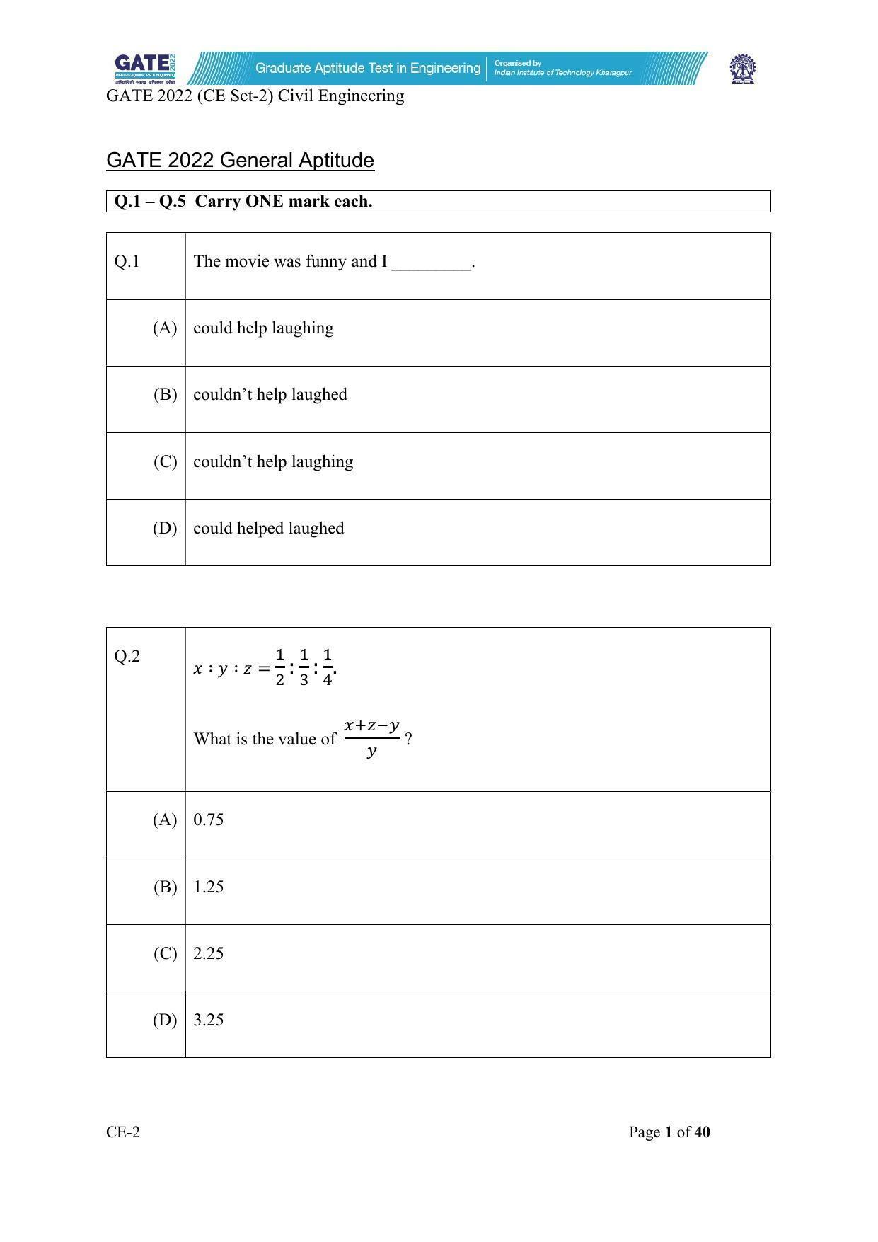 GATE 2022 Civil Engineering (CE-2) (Afternoon) Question Paper - Page 1