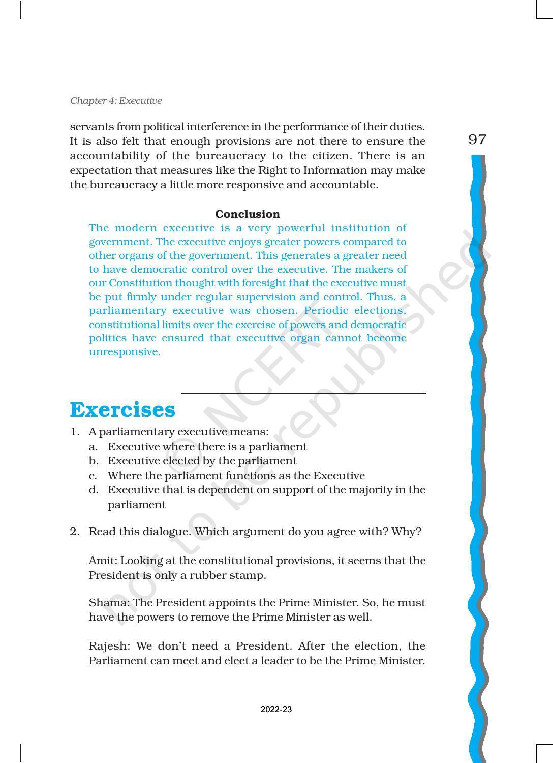 NCERT Book for Class 11 Political Science (Indian Constitution at Work) Chapter 4 Executive - Page 20