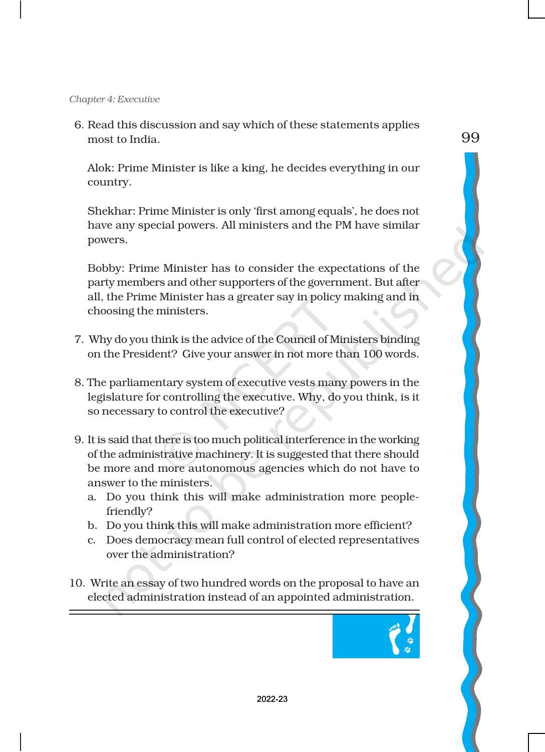 NCERT Book for Class 11 Political Science (Indian Constitution at Work) Chapter 4 Executive - Page 22