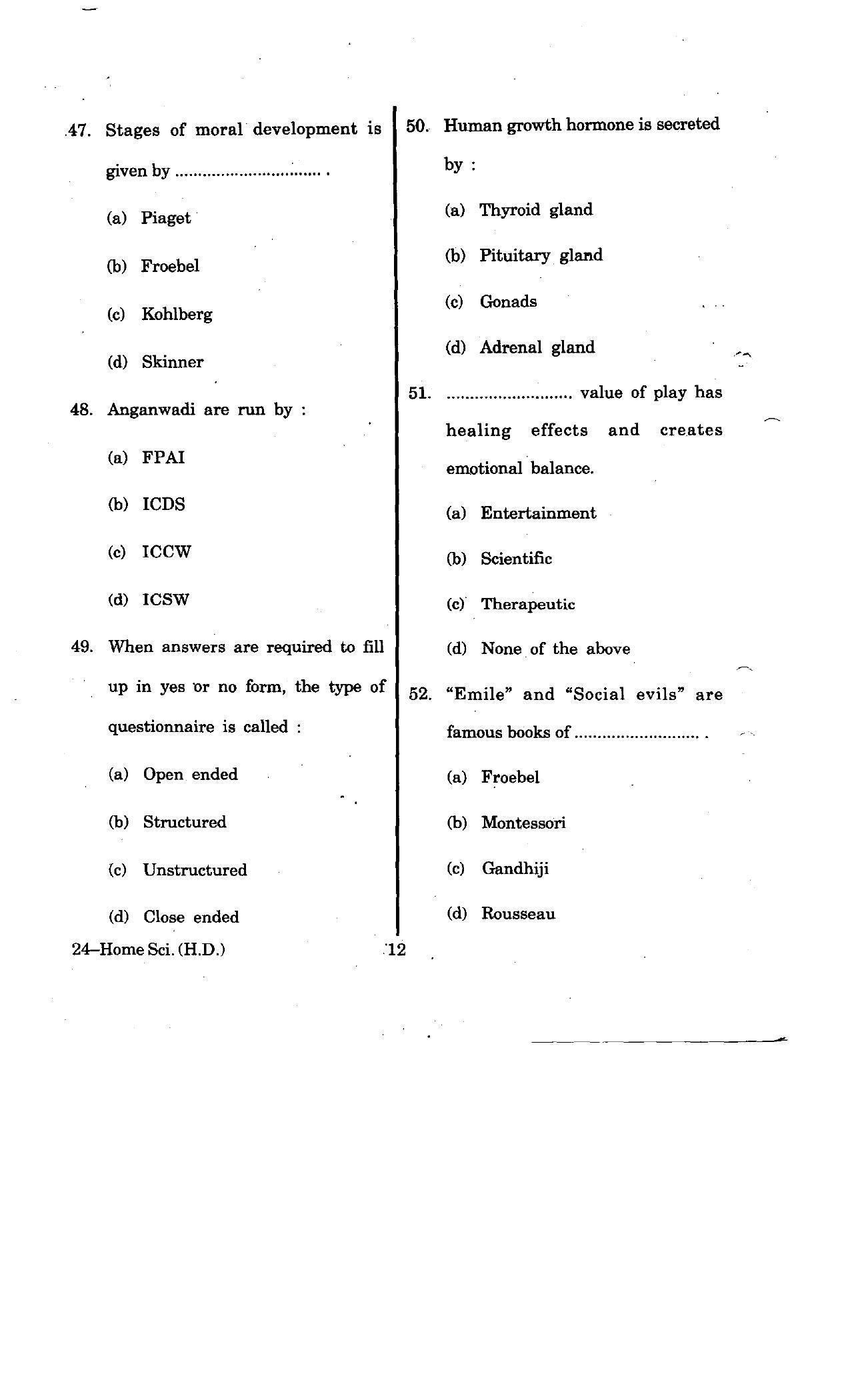 URATPG Home Science (Human Devlopment) 2012 Question Paper - Page 12