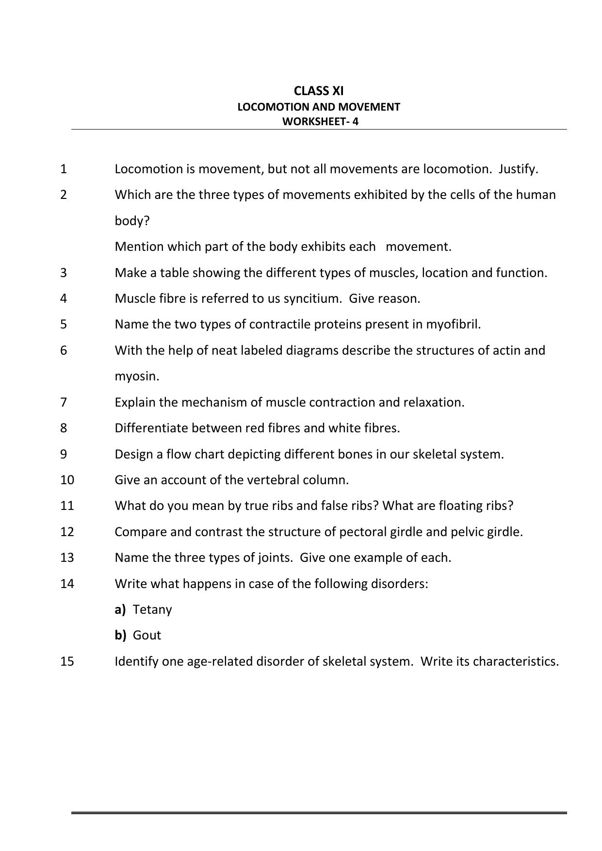 CBSE Worksheets for Class 11 Biology Locomotion and Movement Assignment - Page 1