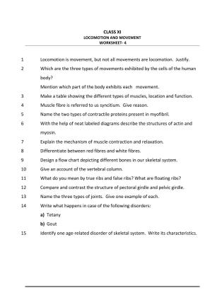 CBSE Worksheets for Class 11 Biology Locomotion and Movement Assignment