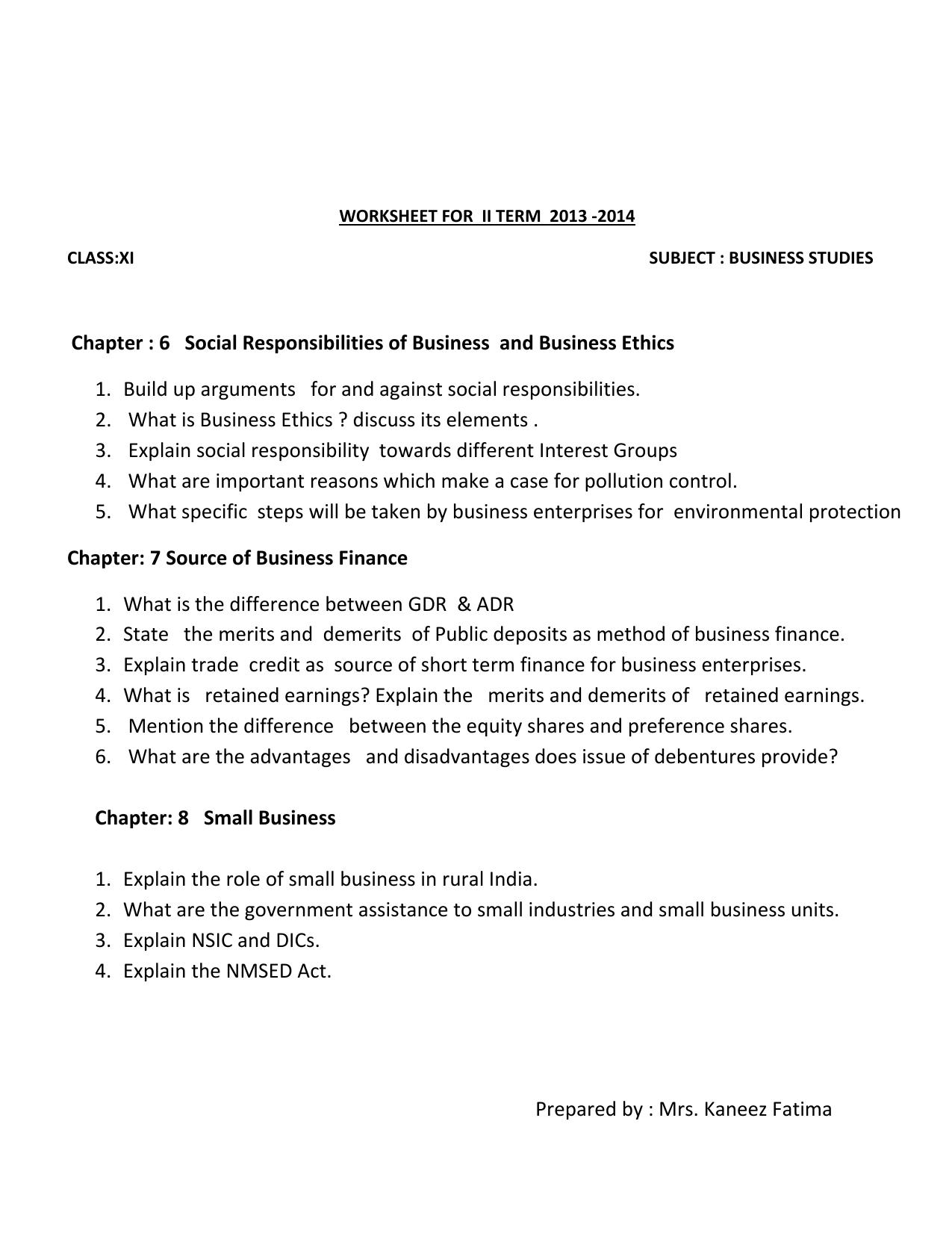 CBSE Worksheets for Class 11 Business Studies Social Responsibilities Assignment - Page 1