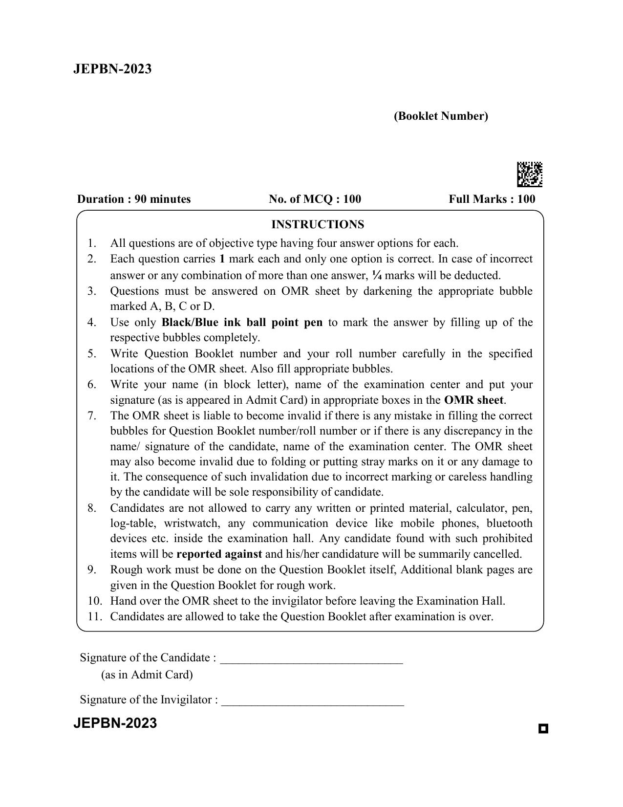 WBJEE JEPBN 2023 Question Paper - Page 1