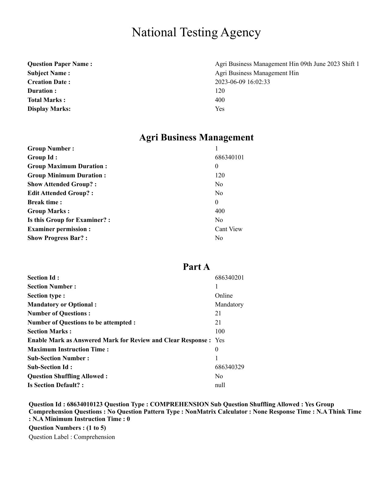 CUET PG 2023: COQP01 – Agri-Business Management (Hindi)-Shift 1 (09-06-2023) Question Paper - Page 1