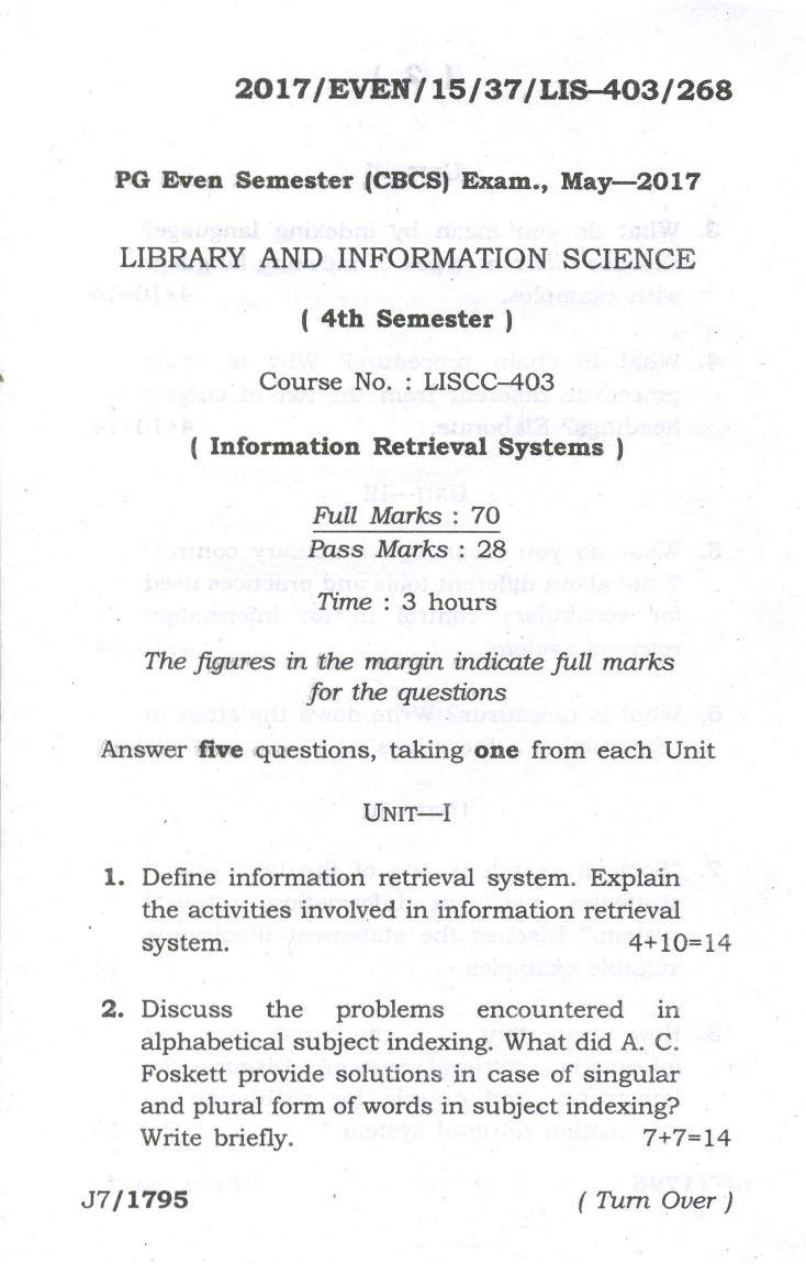 Assam University MLiSc (403) May-2017 Question Paper - Page 1