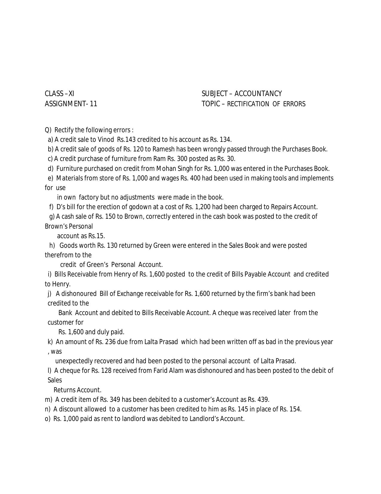 CBSE Worksheets for Class 11 Accountancy Assignment 15 - Page 1