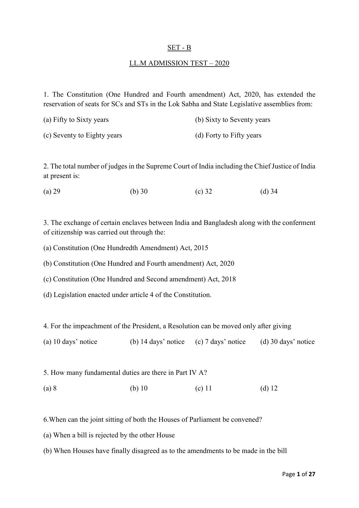 AILET 2020 Question Paper for LLM - Page 1