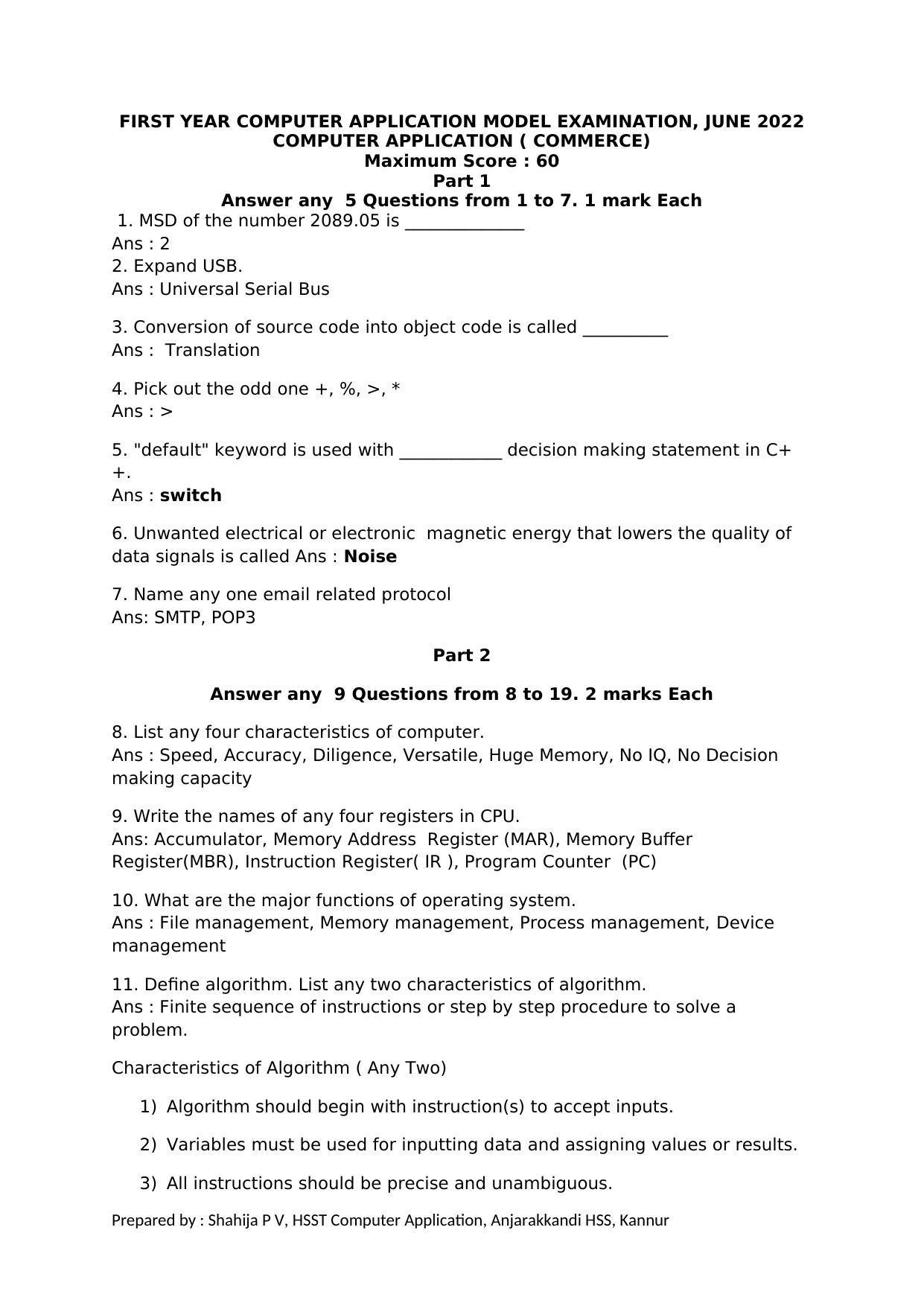 Kerala Plus One 2022 CA (Commerce) Question & Answer Key (Model) - Page 1