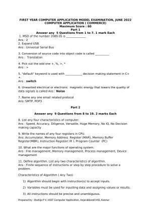 Kerala Plus One 2022 CA (Commerce) Question & Answer Key (Model)