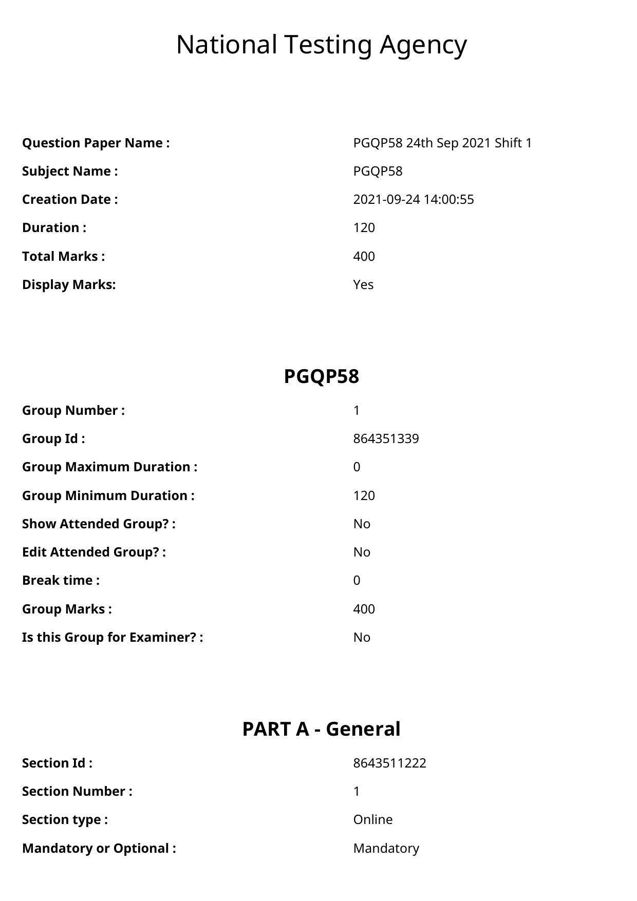 CUET PG 2021 PGQP58 Question Paper - Page 1