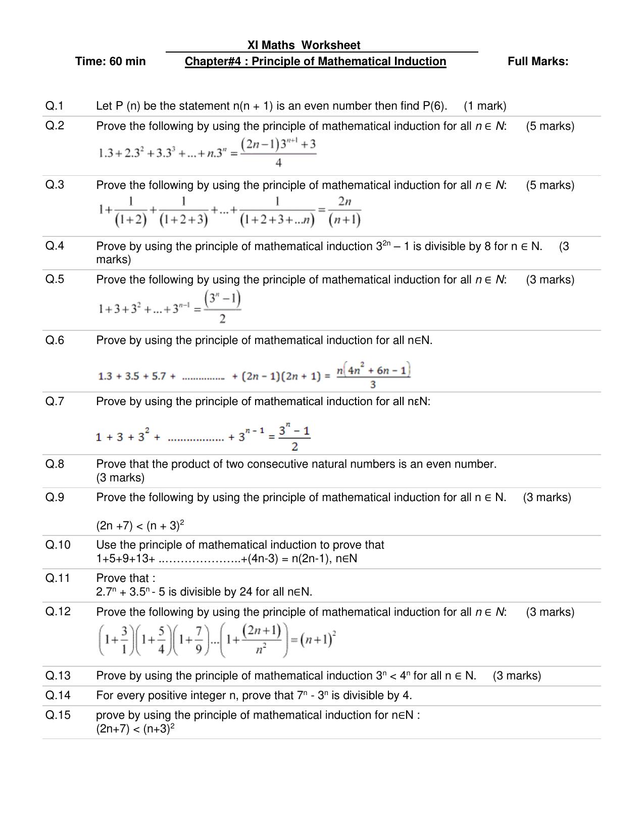 CBSE Worksheets for Class 11 Mathematics Principle of Mathematical Induction Assignment 1 - Page 1