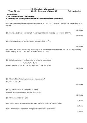 CBSE Worksheets for Class 11 Chemistry Structure of Atom Assignment 3