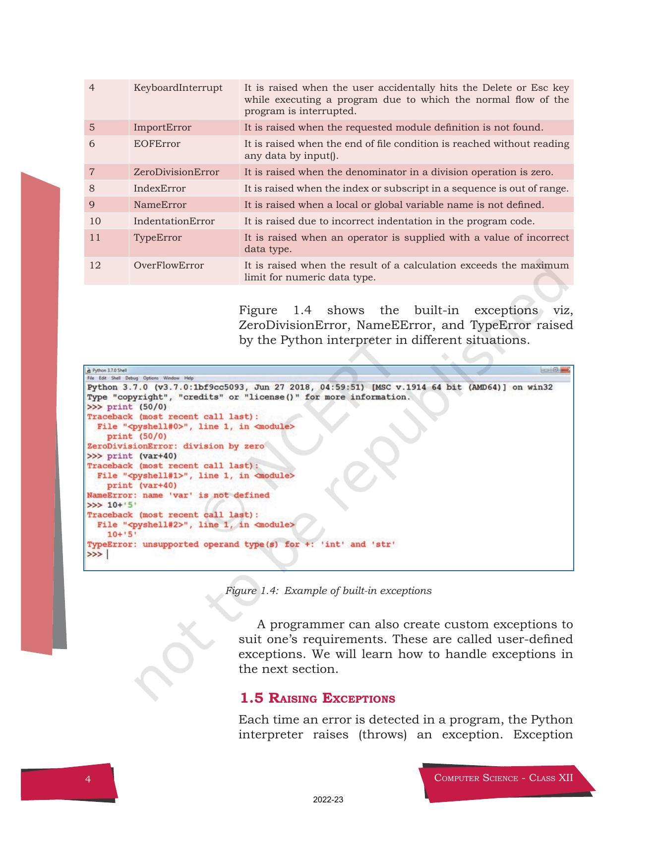 NCERT Book for Class 12 Computer Science Chapter 1 Exception Handling in Python - Page 4