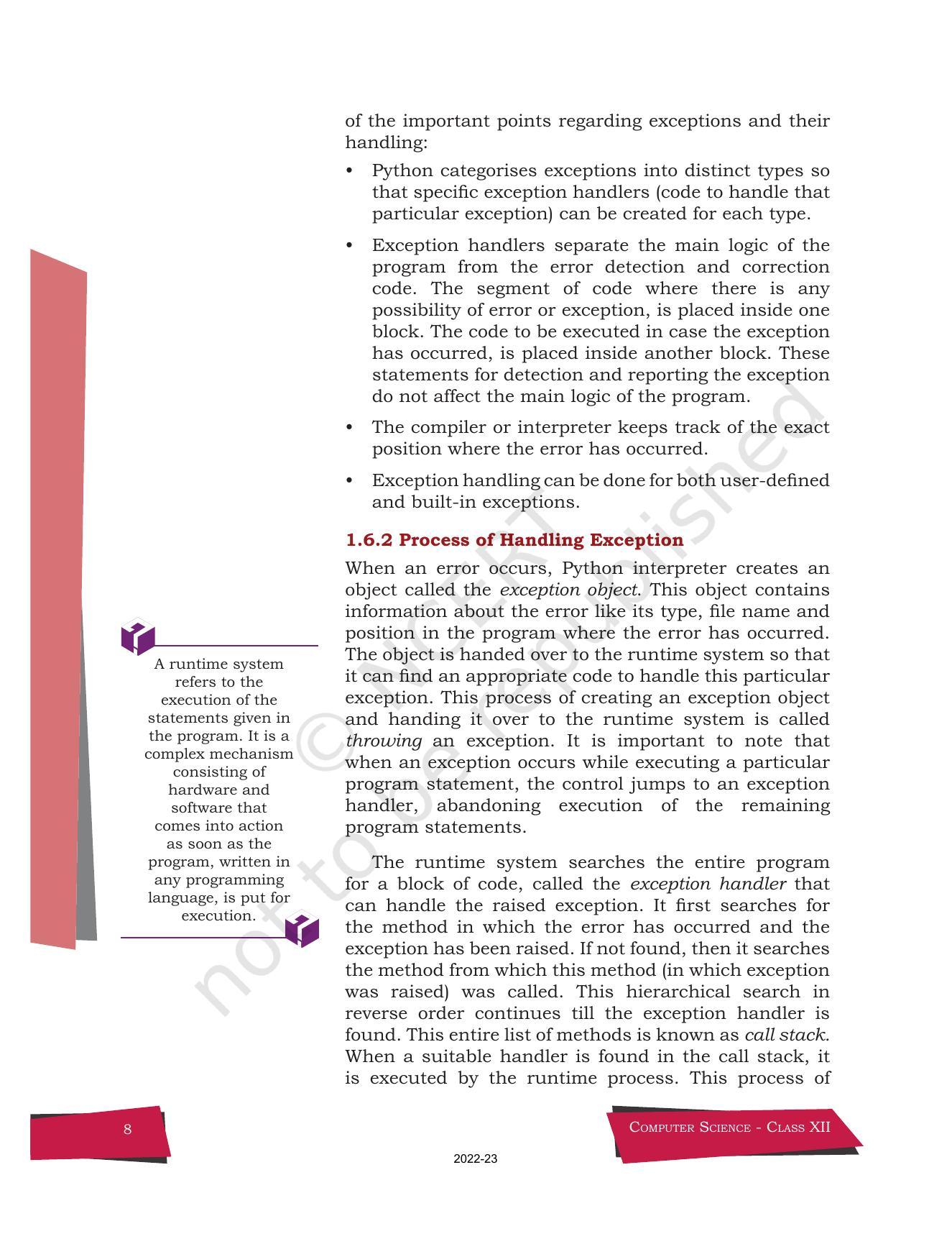 NCERT Book for Class 12 Computer Science Chapter 1 Exception Handling in Python - Page 8