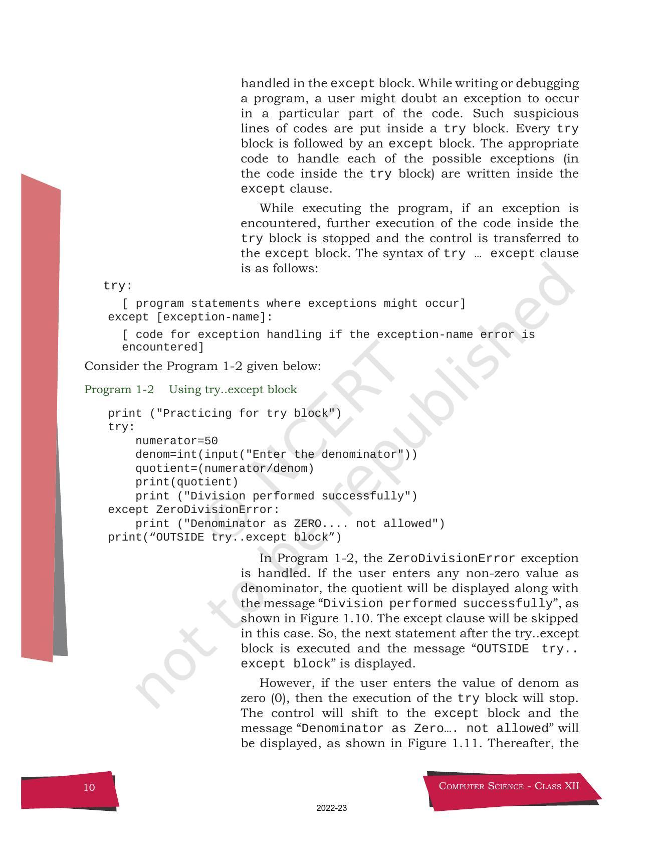 NCERT Book for Class 12 Computer Science Chapter 1 Exception Handling in Python - Page 10