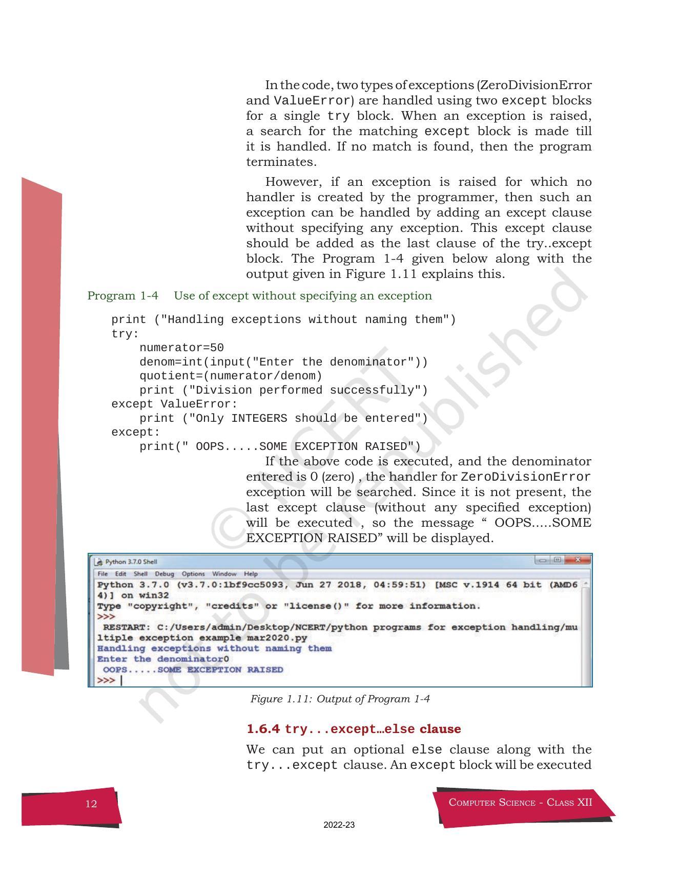 NCERT Book for Class 12 Computer Science Chapter 1 Exception Handling in Python - Page 12