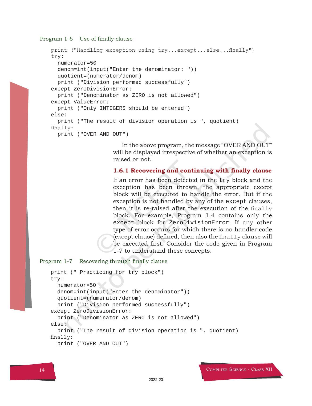 NCERT Book for Class 12 Computer Science Chapter 1 Exception Handling in Python - Page 14