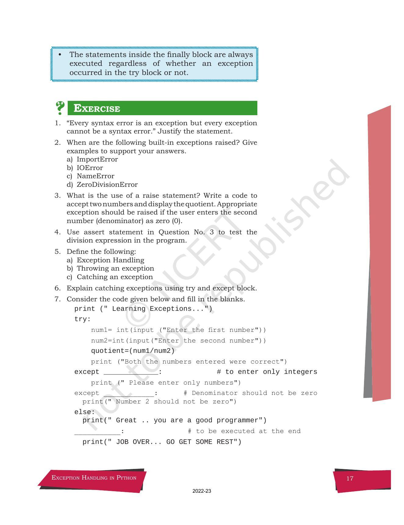 NCERT Book for Class 12 Computer Science Chapter 1 Exception Handling in Python - Page 17