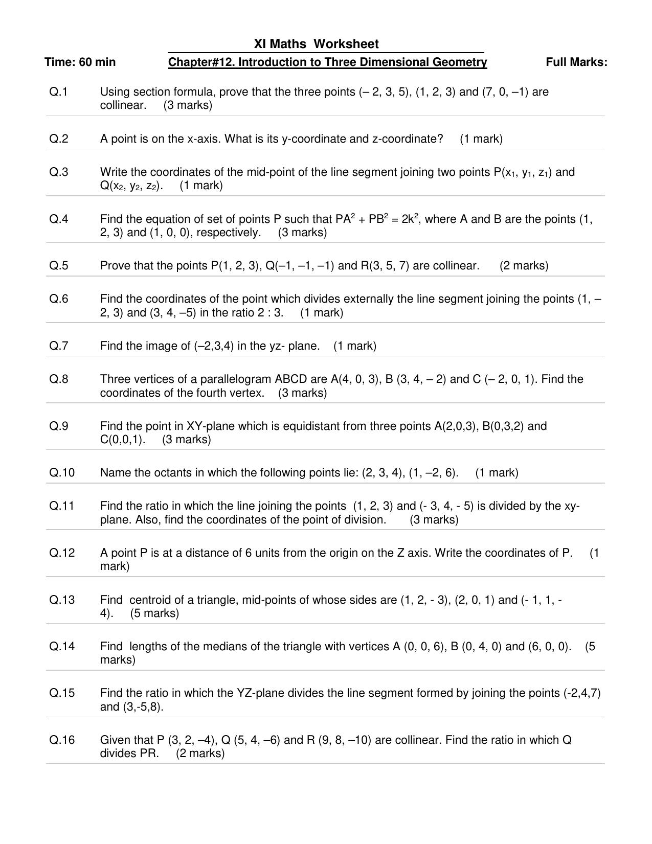 CBSE Worksheets for Class 11 Mathematics Introduction To 3Dimensional Geometry Assignment 1 - Page 1