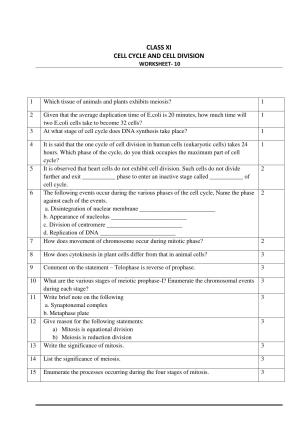 CBSE Worksheets for Class 11 Biology Cell Cycle and Cell Division Assignment