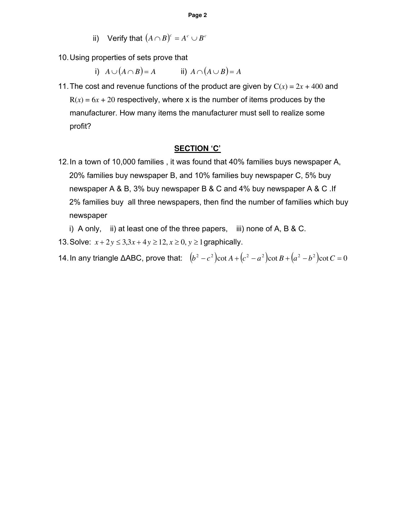 CBSE Worksheets for Class 11 Mathematics Sample Paper 2014 Assignment 2 - Page 2