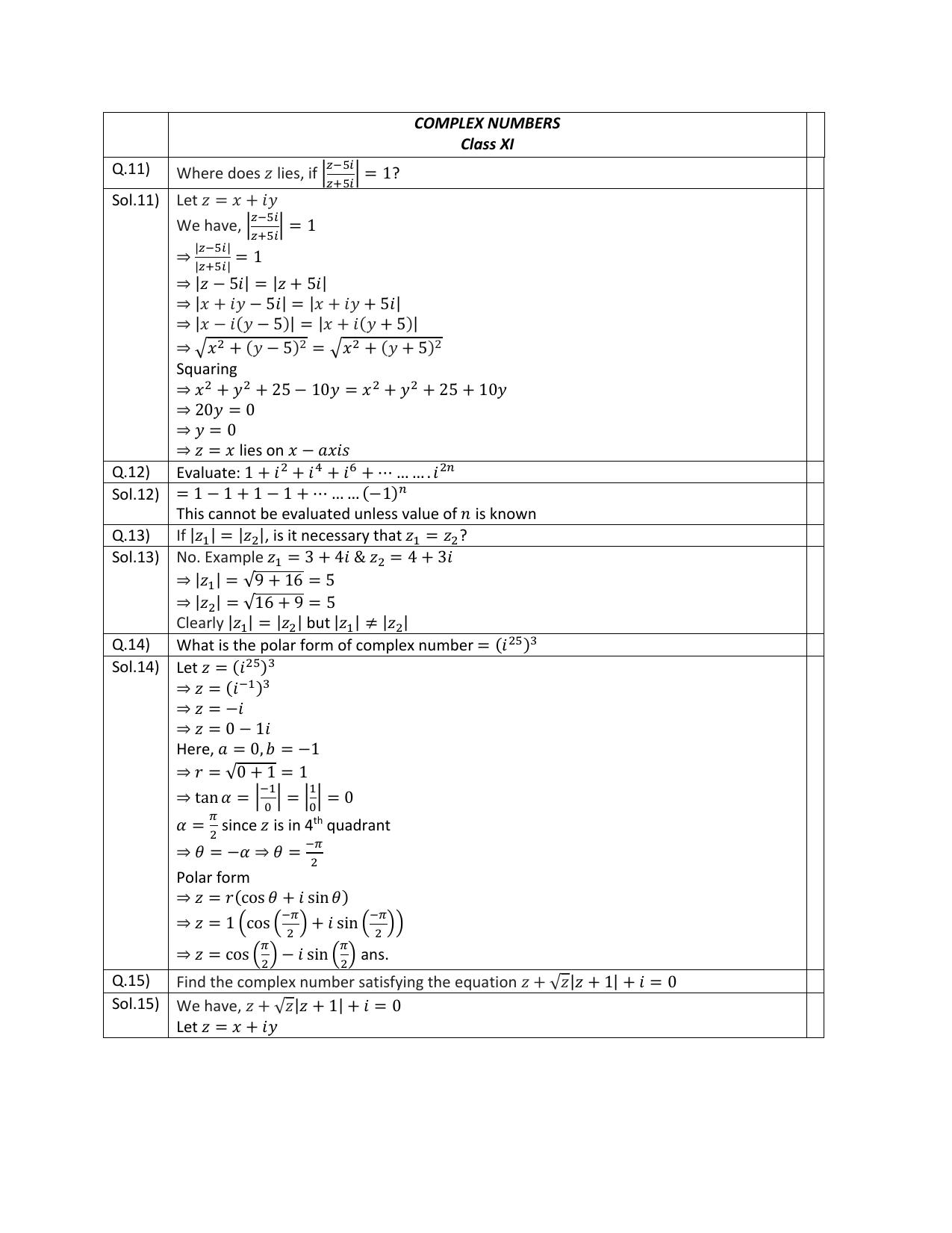 CBSE Worksheets for Class 11 Mathematics Complex Numbers and Quadratic Equation Assignment 5 - Page 1