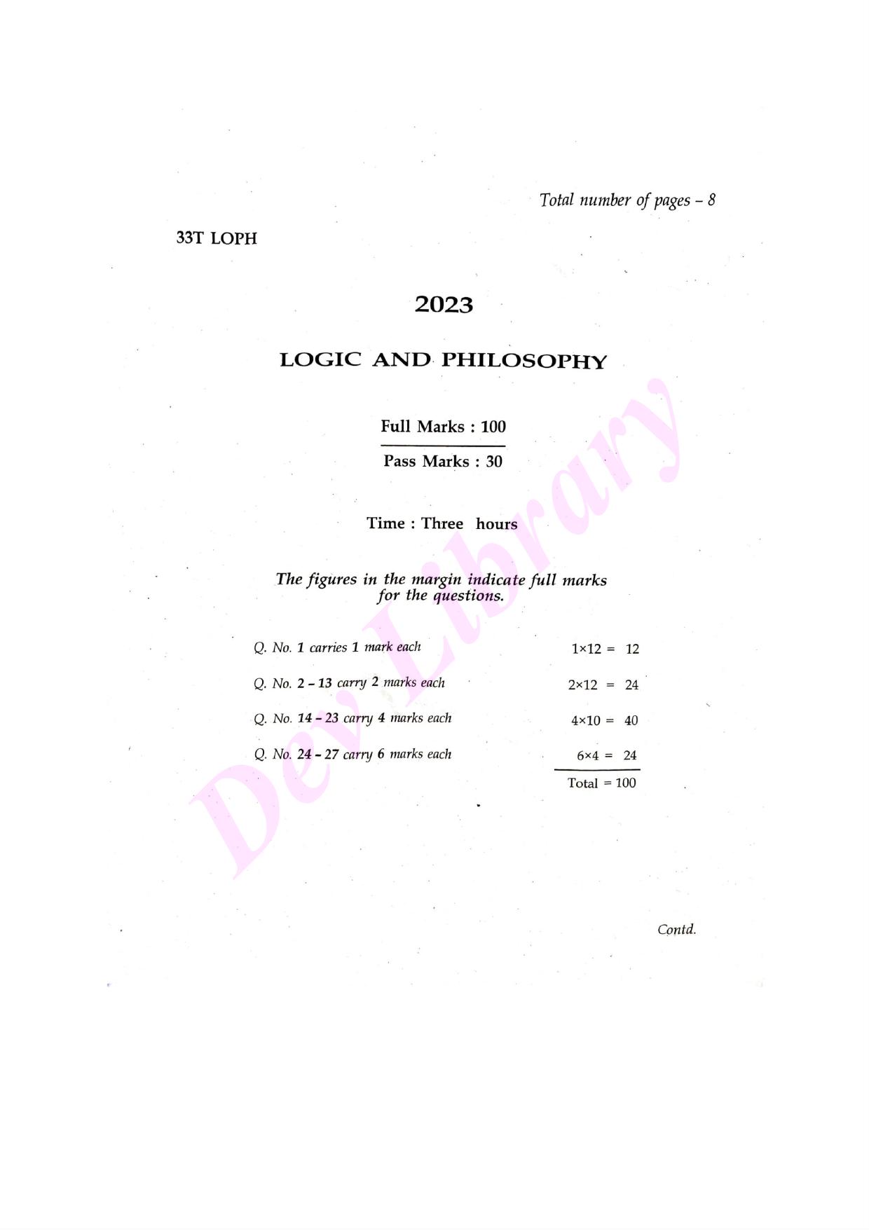 Assam HS 2nd Year Logic and Philosophy 2023 Question Paper - Page 1