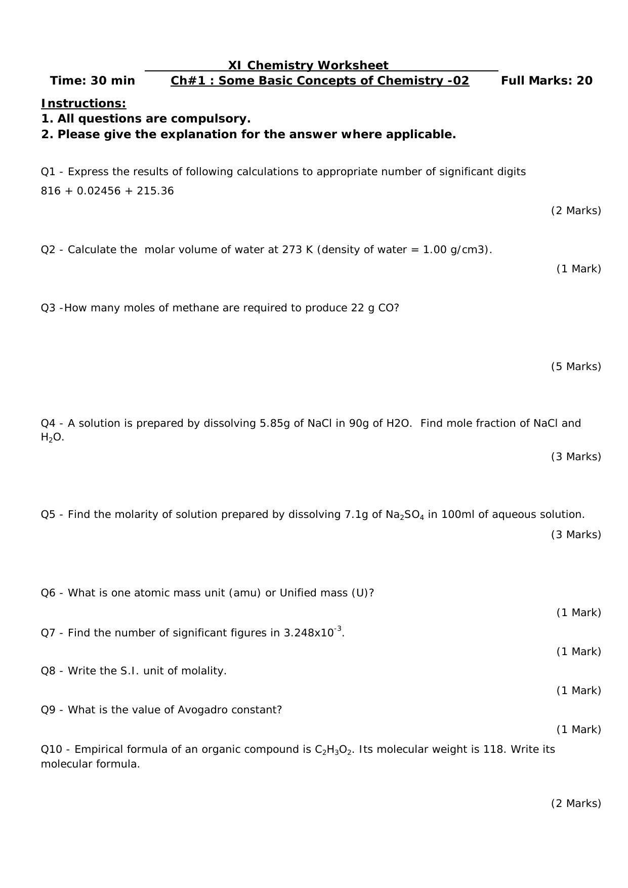 CBSE Worksheets for Class 11 Chemistry Some Basic Concepts Of Chemistry Assignment 2 - Page 1