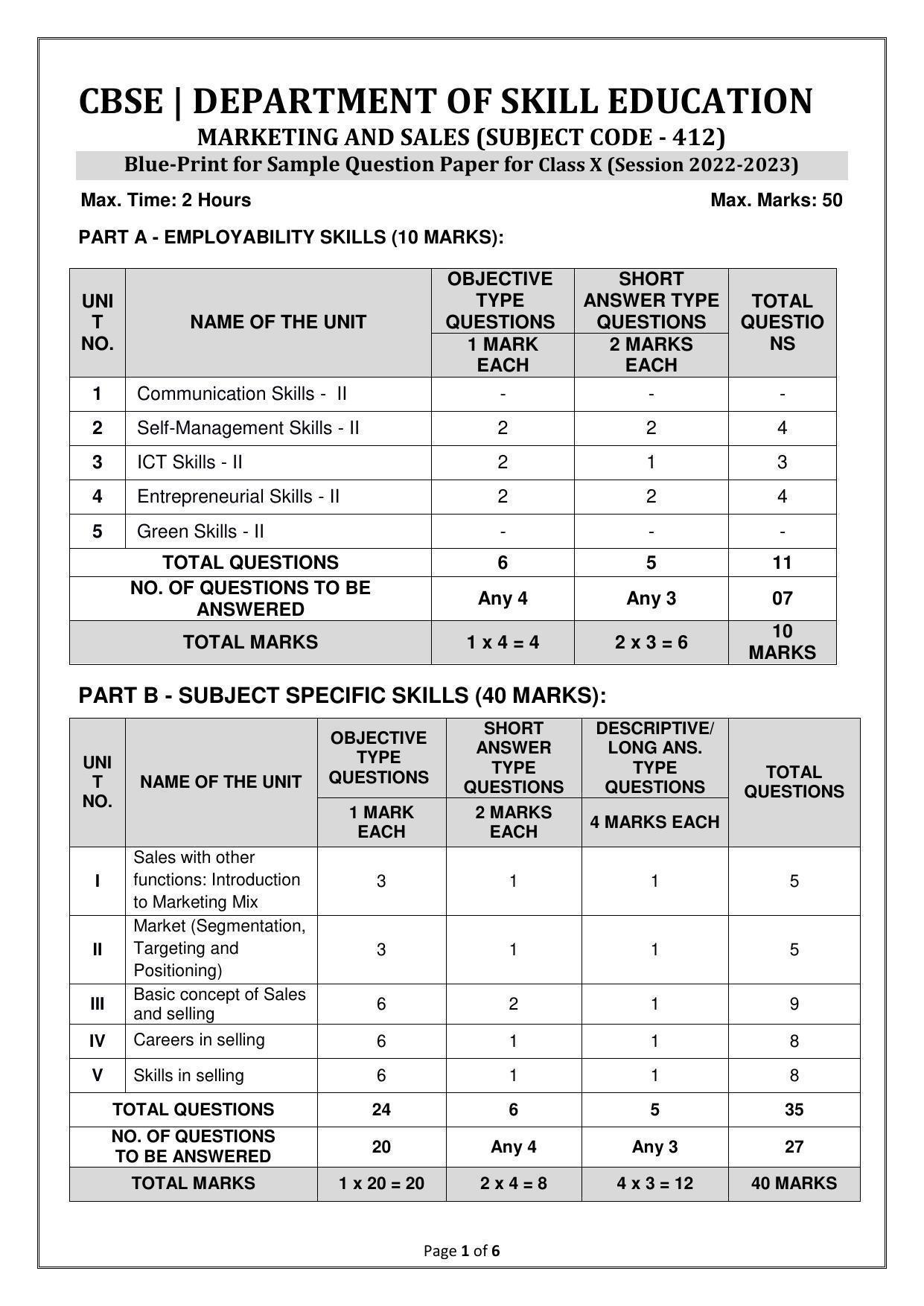 CBSE Class 10 (Skill Education) Marketing & Sales Sample Papers 2023 ...