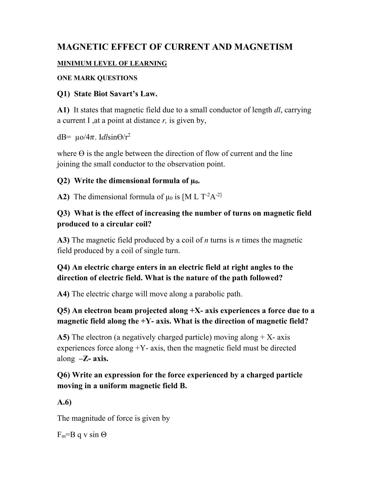 CBSE Worksheet for Class 12 Physics Magnetic Effect of Current - Page 1