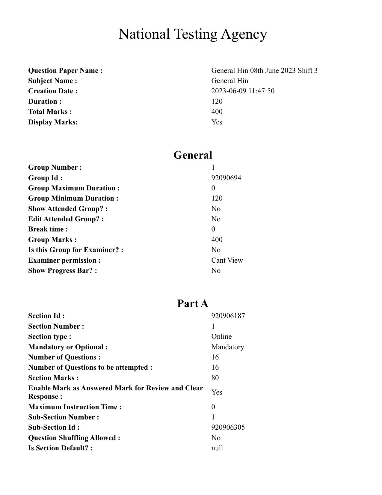 CUET PG 2023: COQP11 – General (Hindi)-Shift 3 (08-06-2023) Question Paper - Page 1