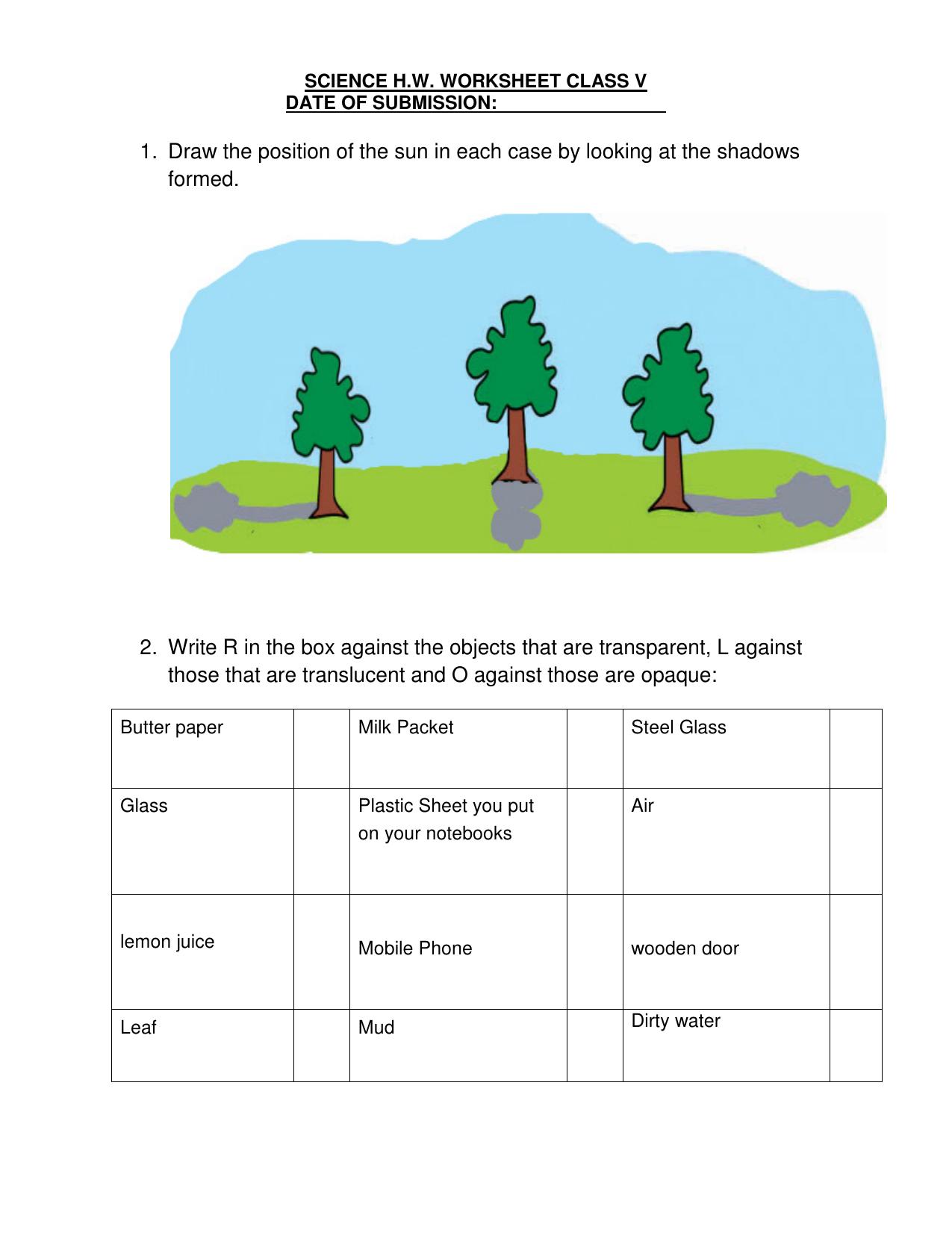 Worksheet for Class 5 Science Assignment 2 - Page 1