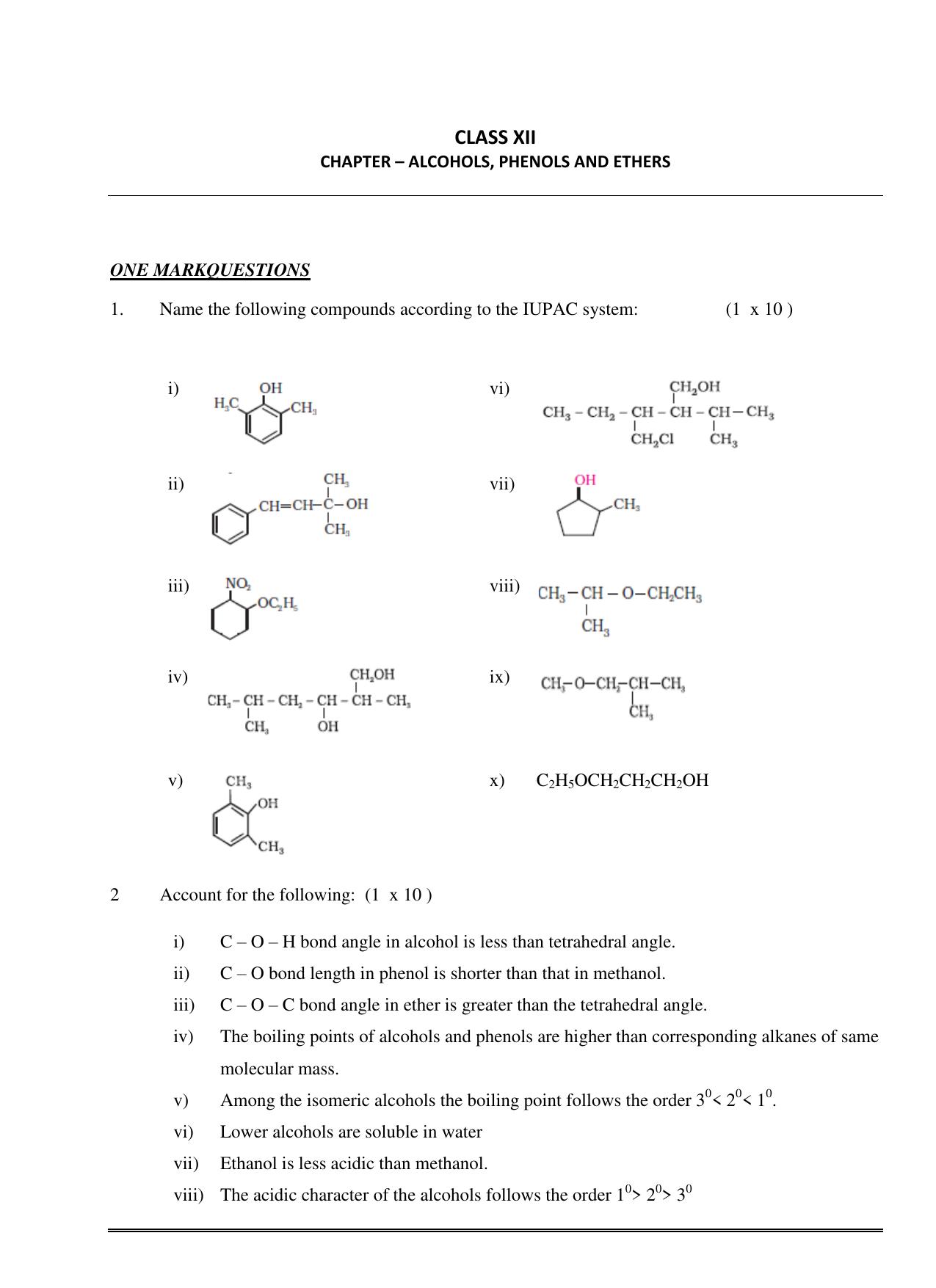 CBSE Worksheets for Class 12 Chemistry Alcohols, Phenols and Ethers - Page 1