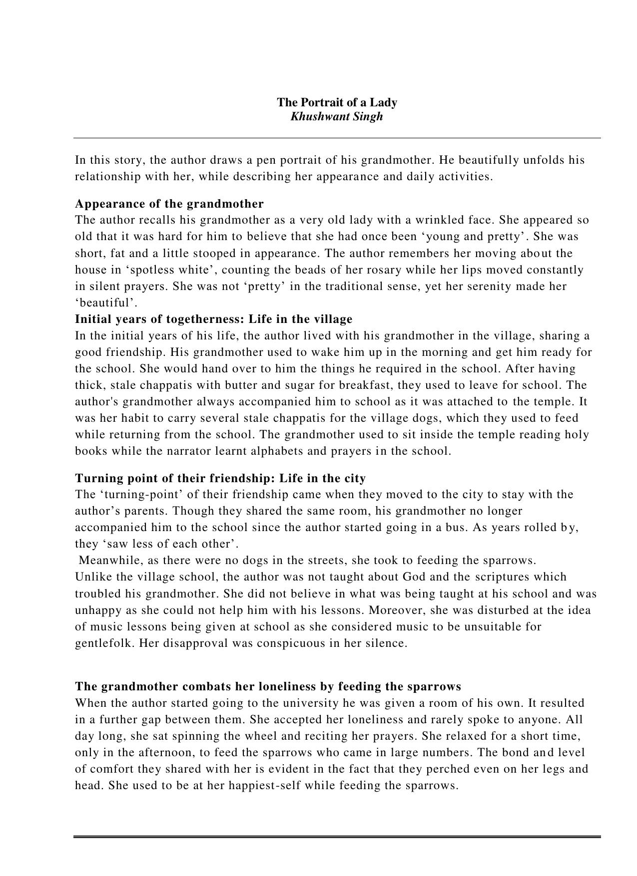 CBSE Worksheets for Class 11 English The Portrait of a Lady Khushwant Singh Assignment - Page 1