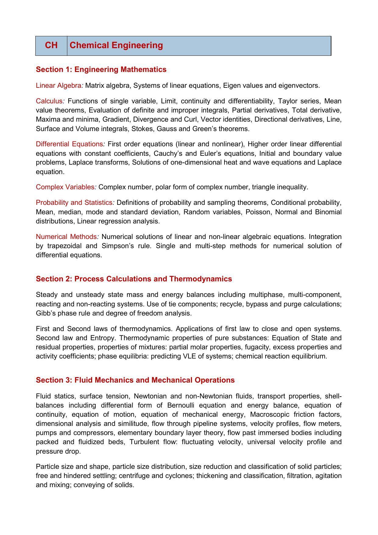 GATE Chemical Engineering Syllabus - Page 1